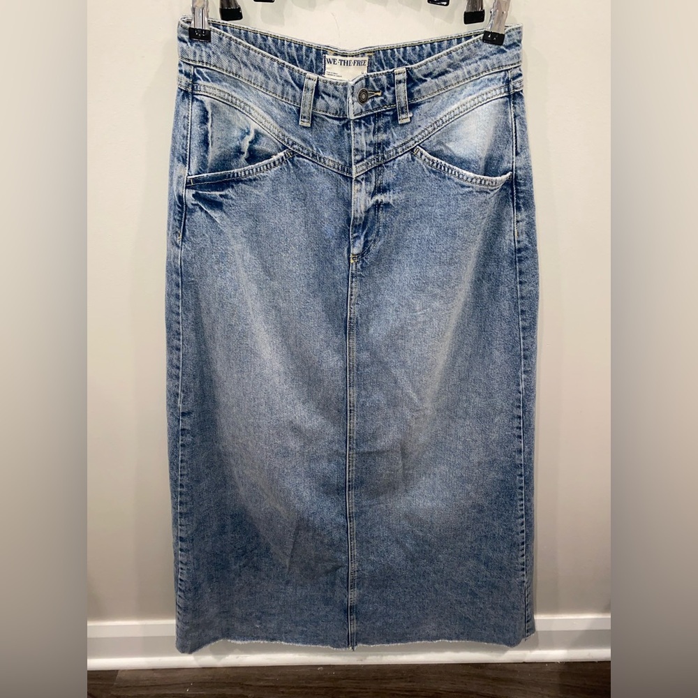 Free People We The Free Denim Maxi Skirt Button Women’s 4 Straight Fit Pockets